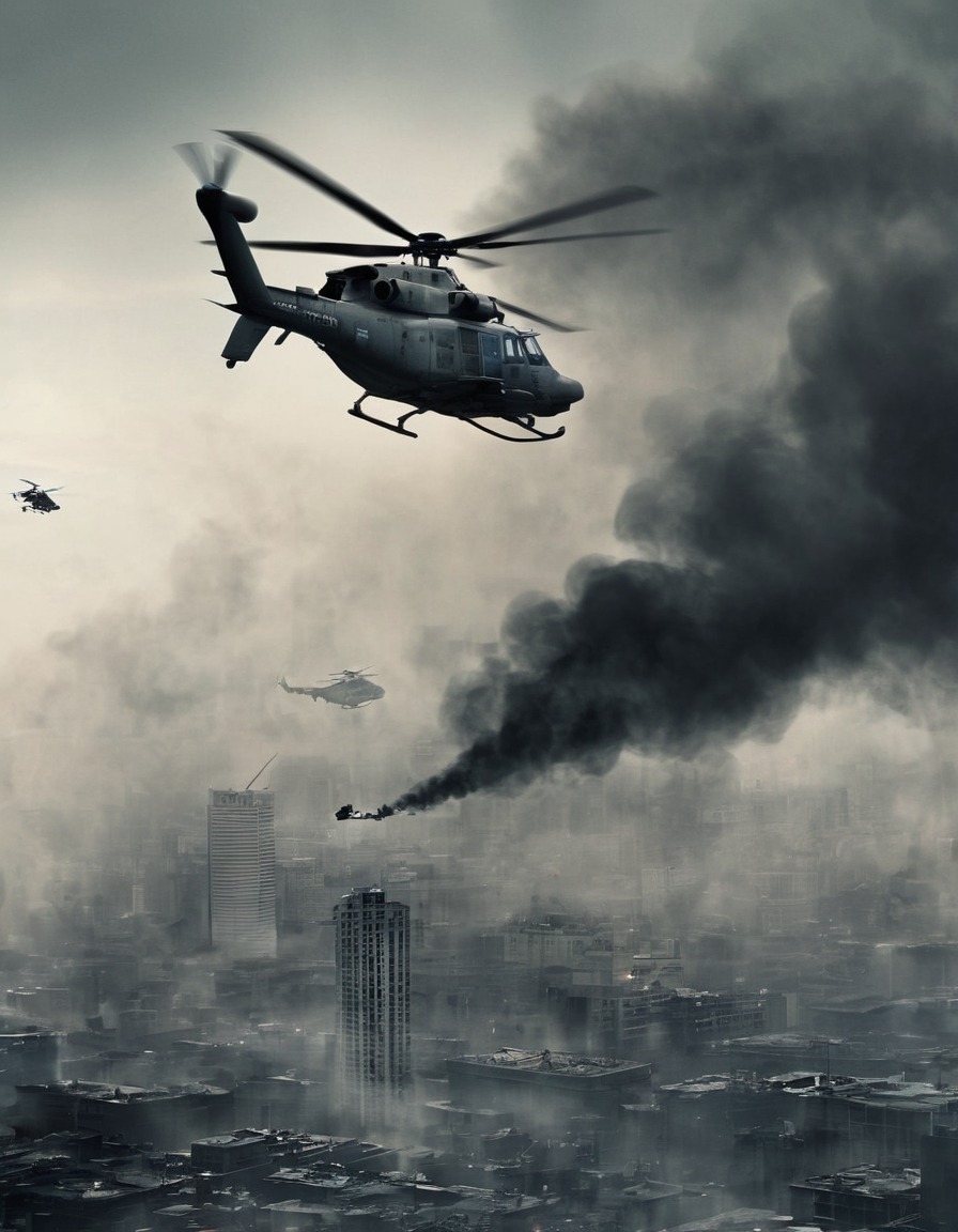 helicopter, city skyline, smoke, conflict, emergency, urban warfare, war, usa