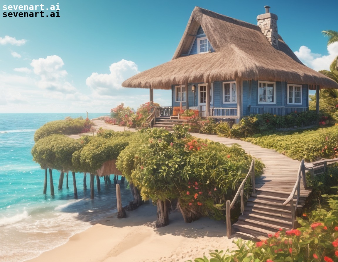 beachfront, cottage, thatched roof, ocean view, coastal vacation, house, home