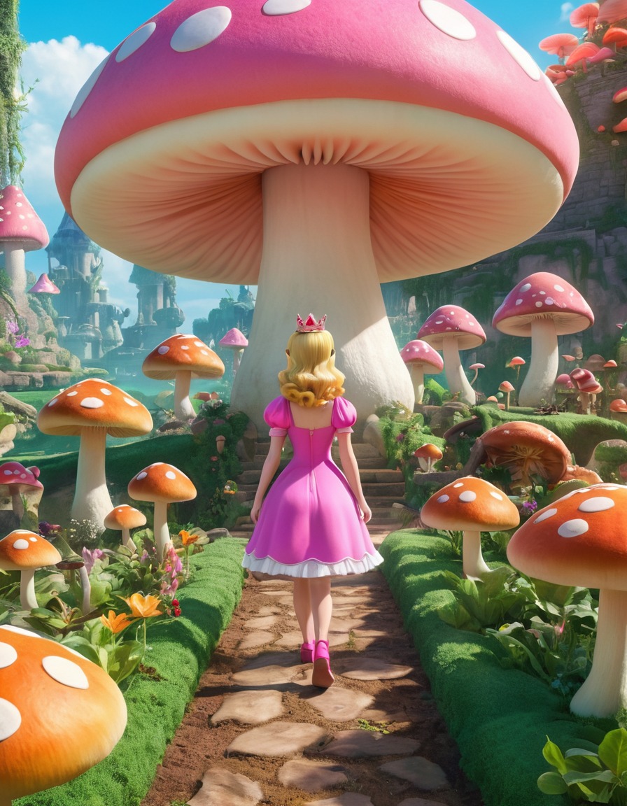 princess peach, magical garden, giant mushrooms, exploration, games, girls from games