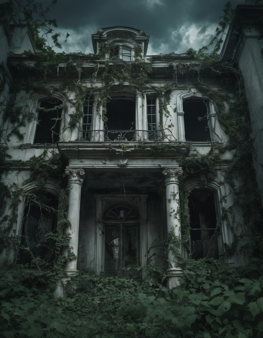 abandoned, mansion, decrepit, overgrown, broken windows, gothic, underground, dark