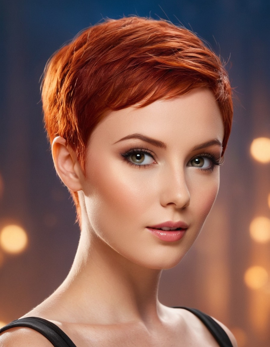 red hair, pixie cut, catlike eyes, beauty, portrait