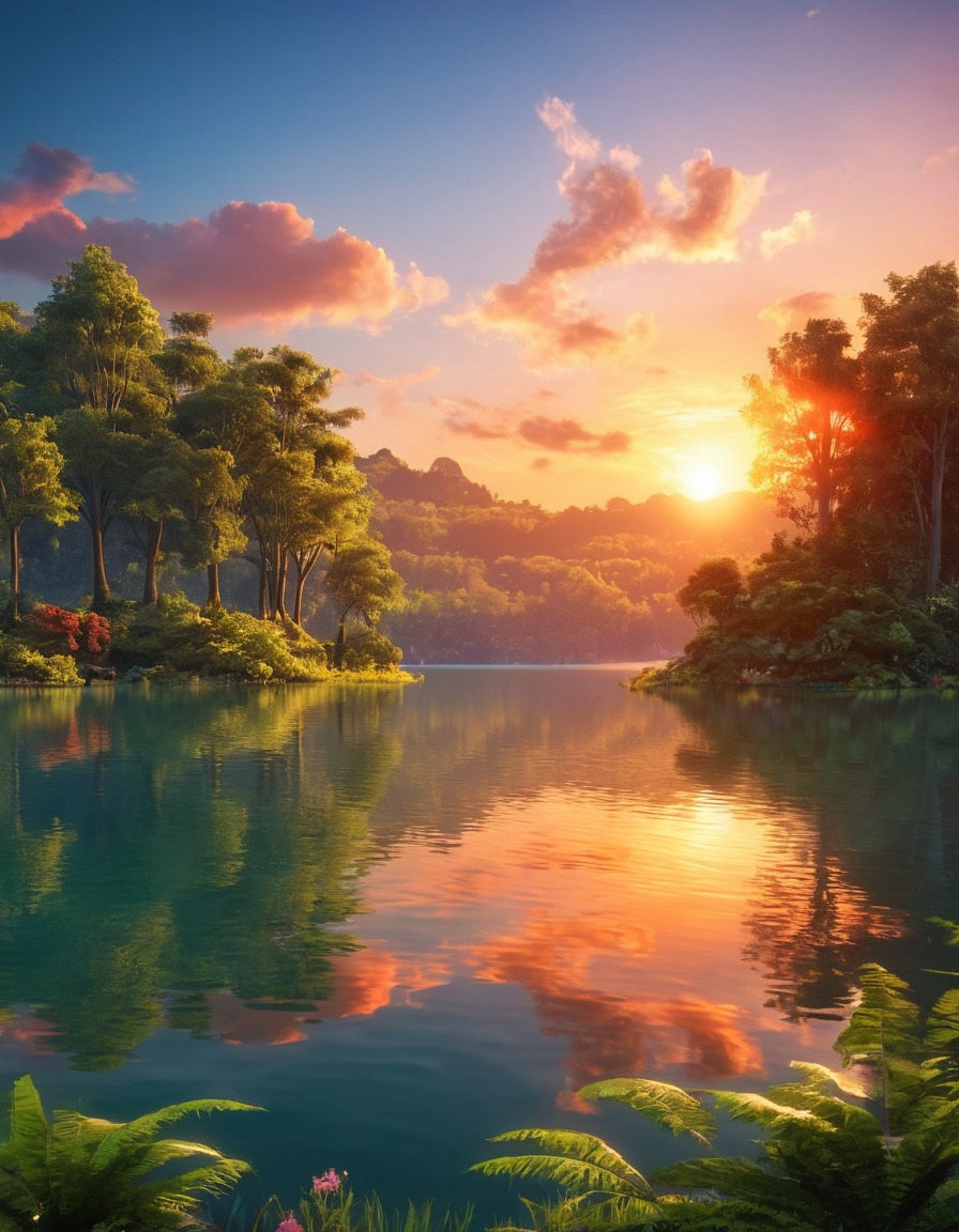 sunset, lake, lush greenery, nature