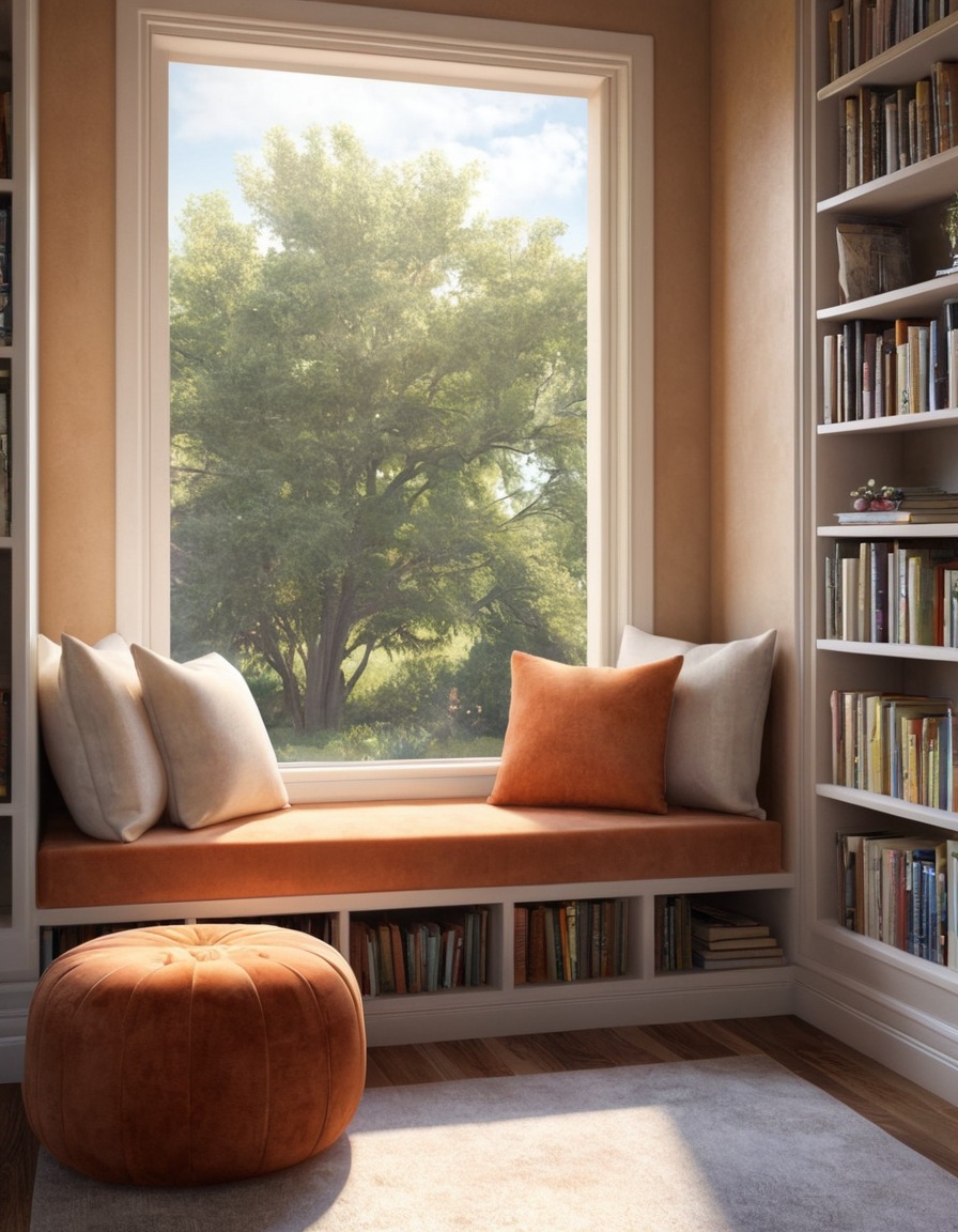 reading nook, window seat, books, cozy, relaxation, home, interior