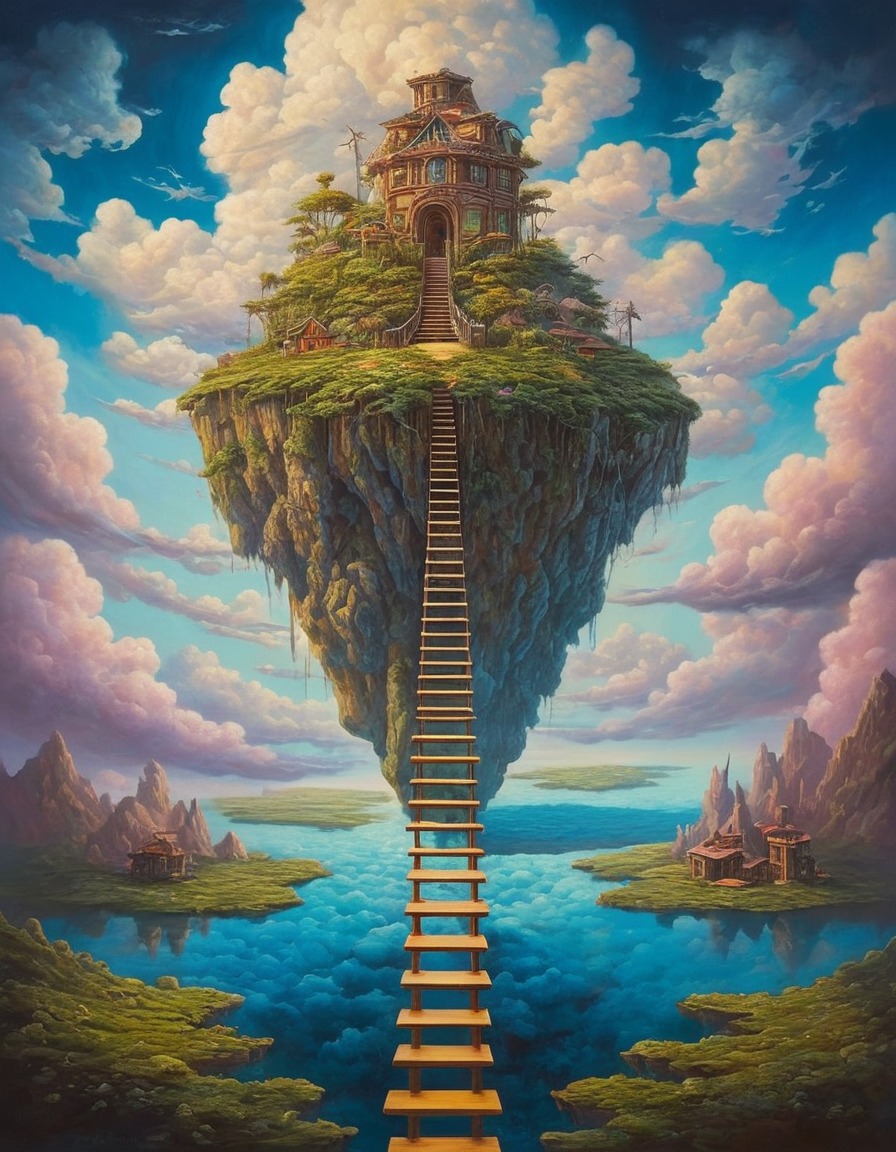 staircase, floating island, clouds, fantasy, dreamlike, surreal