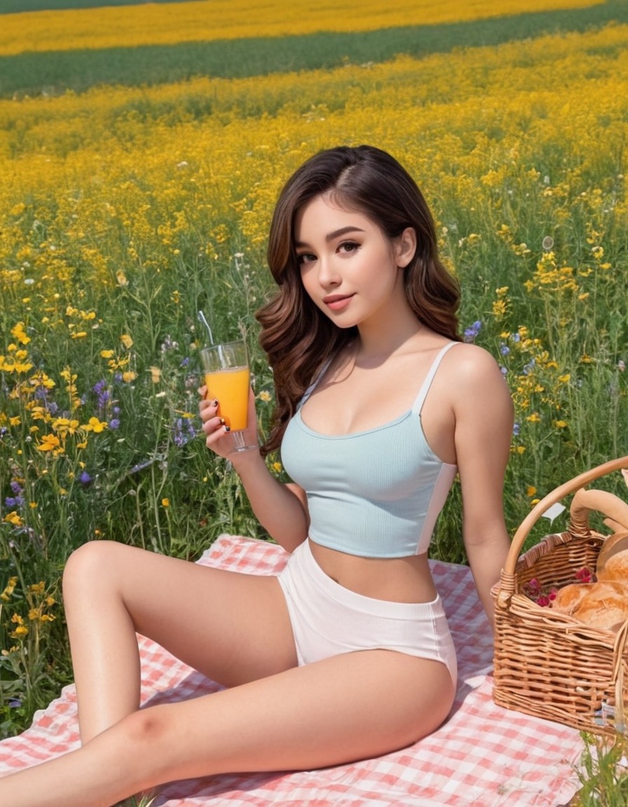 girl, picnic, field, wildflowers