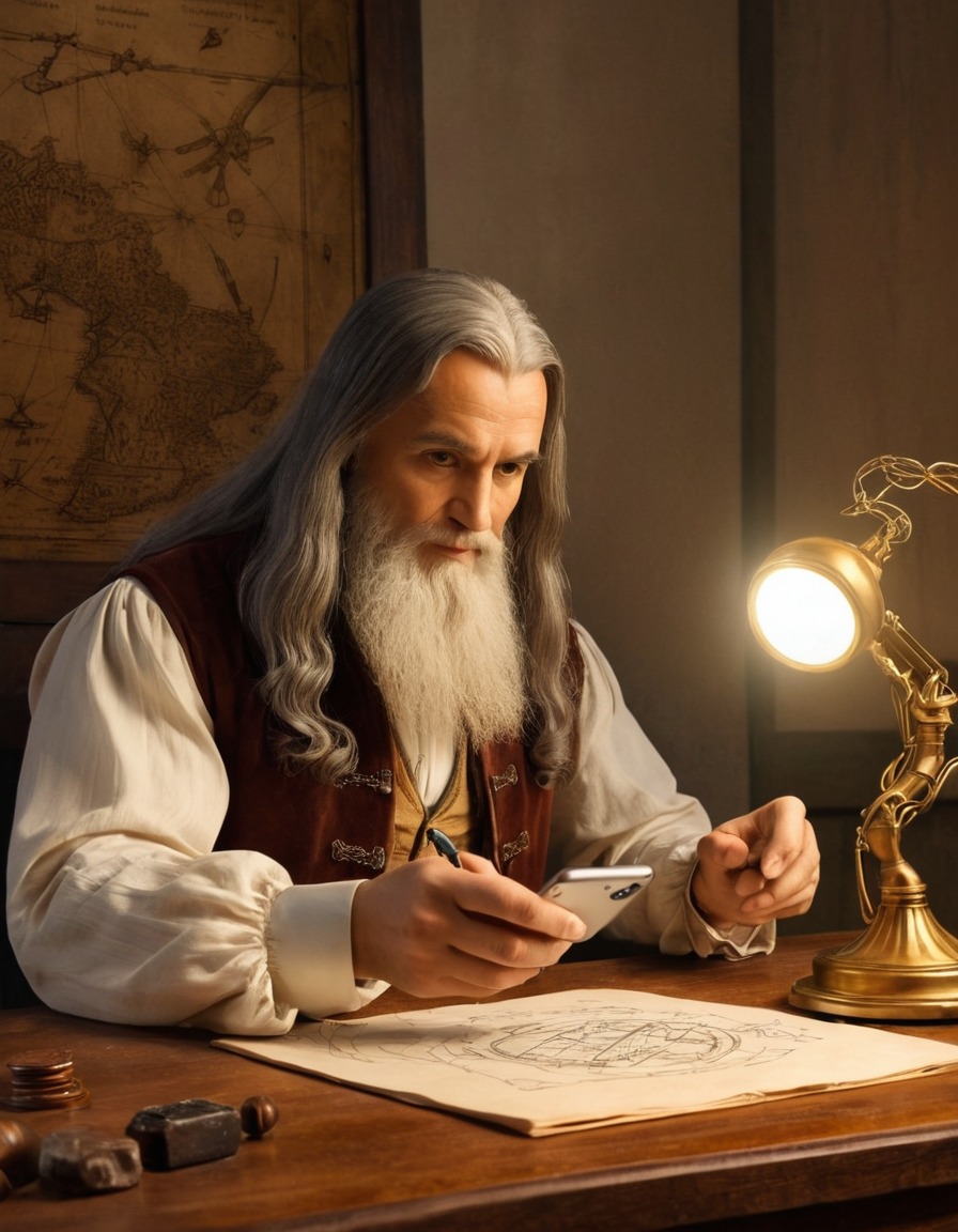 leonardo da vinci, smartphone, sketching, futuristic invention, technology, innovation