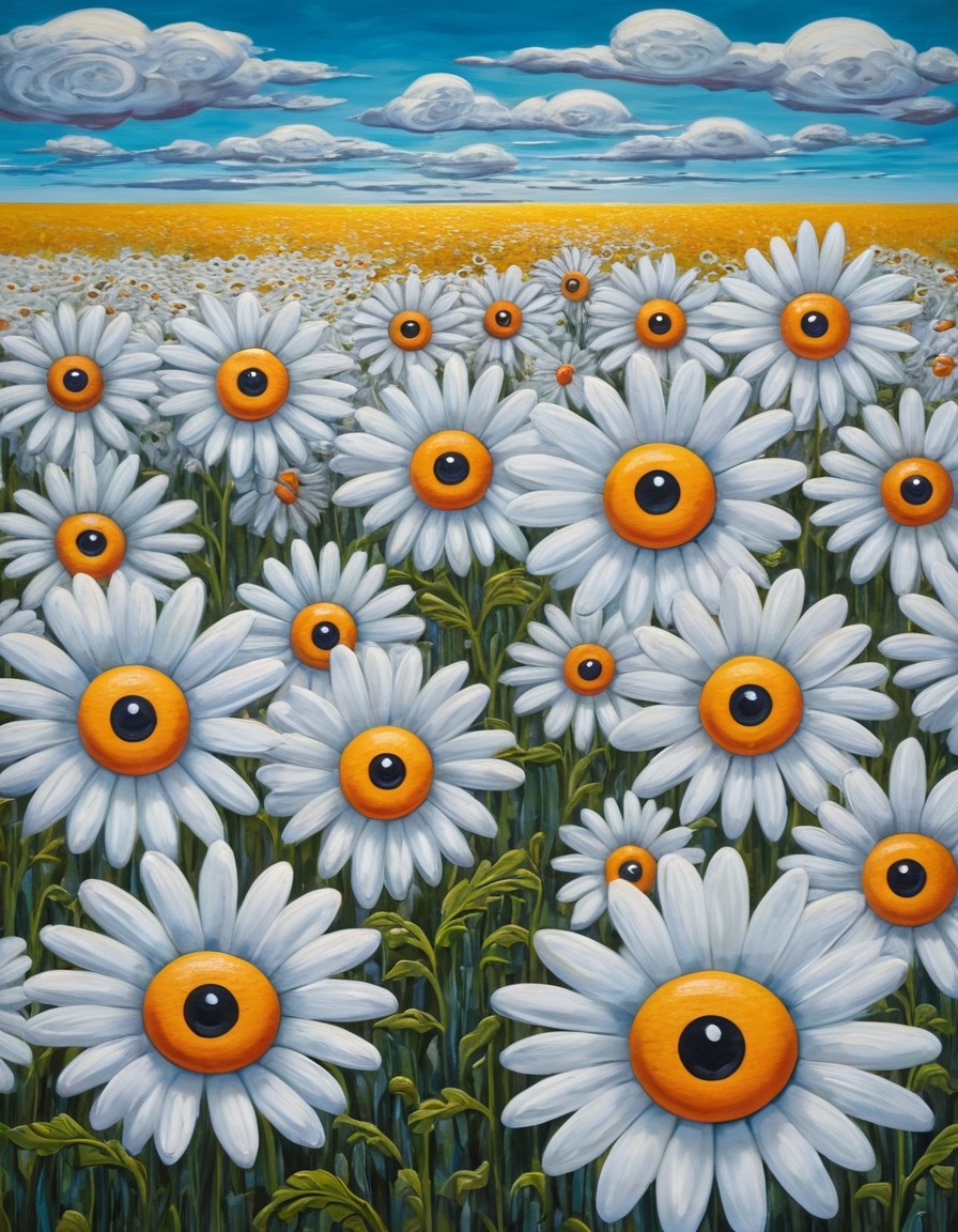 daisies, field, flowers, whimsical, surreal