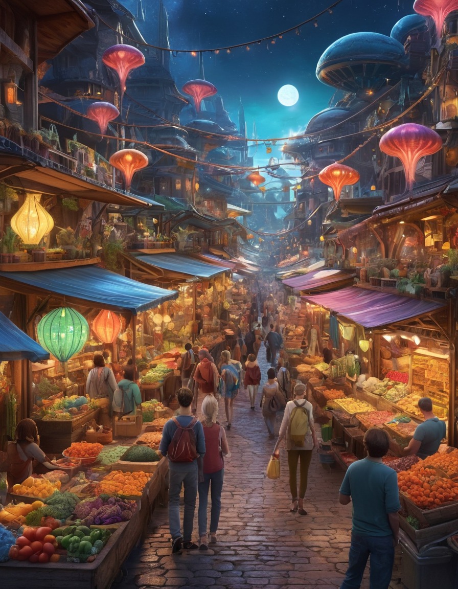 alien marketplace, colorful, bustling, unusual wares, exotic, outer space, fantasy, extraterrestrial, aliens