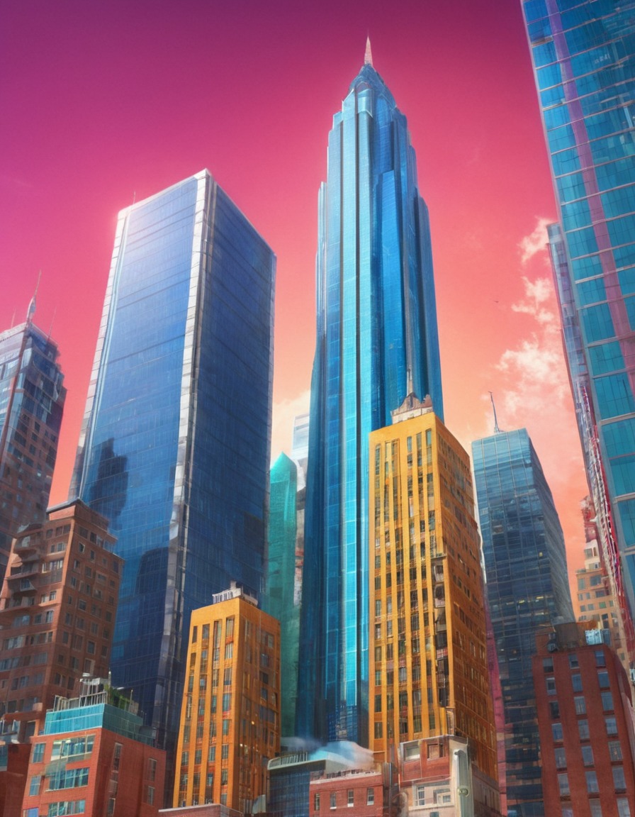 skyscrapers, bold colors, eclectic architecture, postmodern style, architecture