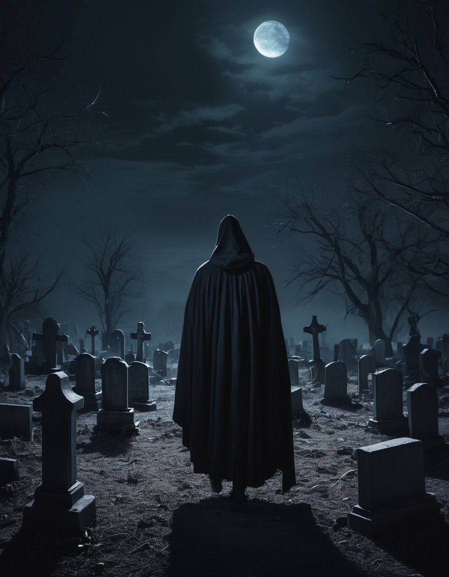 graveyard, midnight, cloaked figure, spooky, desolate, gothic, underground, dark