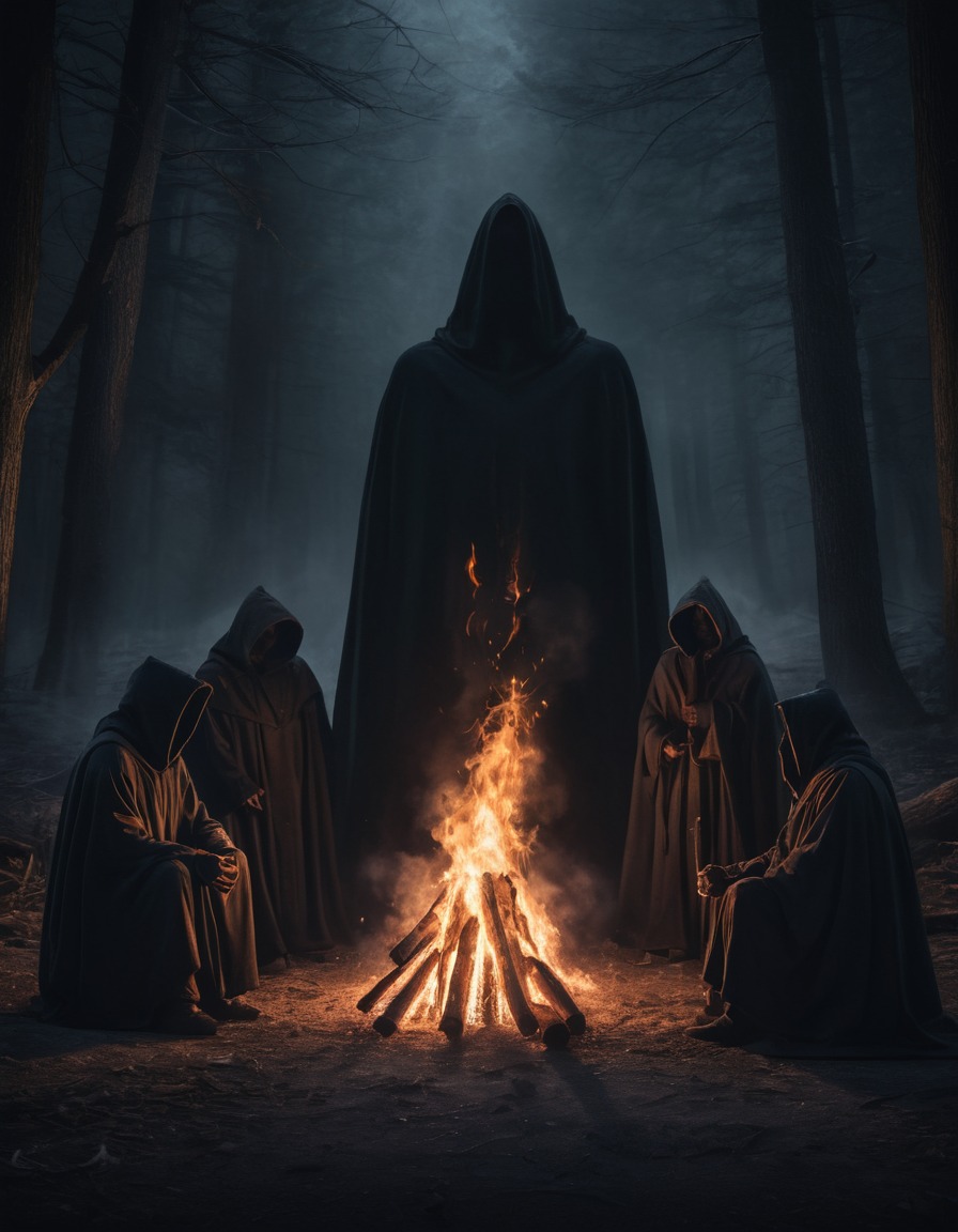 mystery, cloak, bonfire, gathering, shadows, gothic, underground, dark