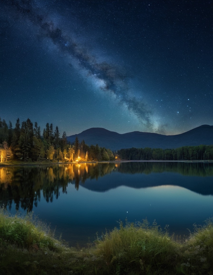 starry night, lake, panoramic view, nature, landscape