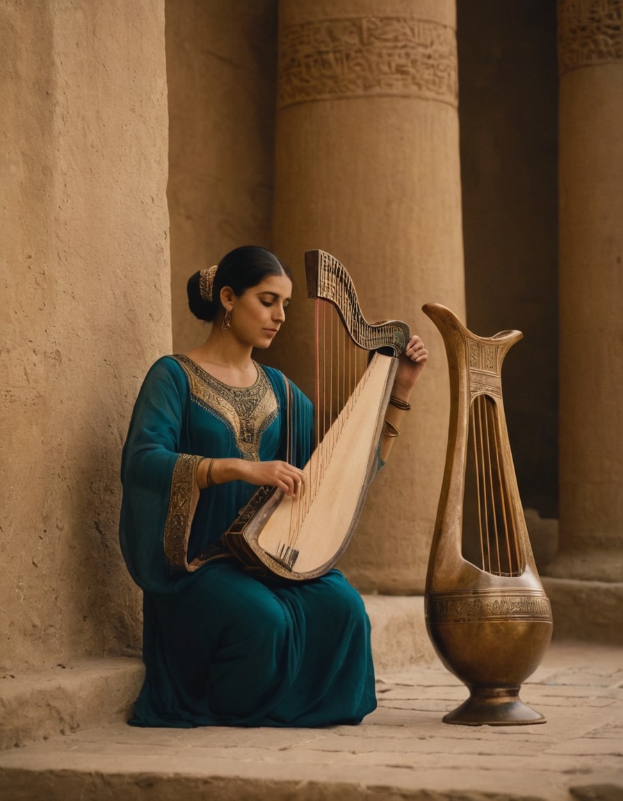 ancient musician, lyre, small gathering, ancient persia, 600 bc, music performance, cultural entertainment