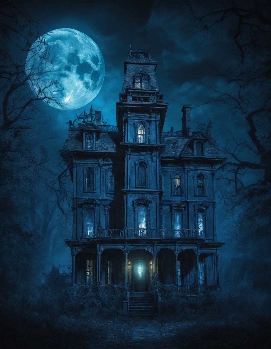 haunted mansion, spooky, eerie, moonlight, ghostly blue, gothic, underground, dark