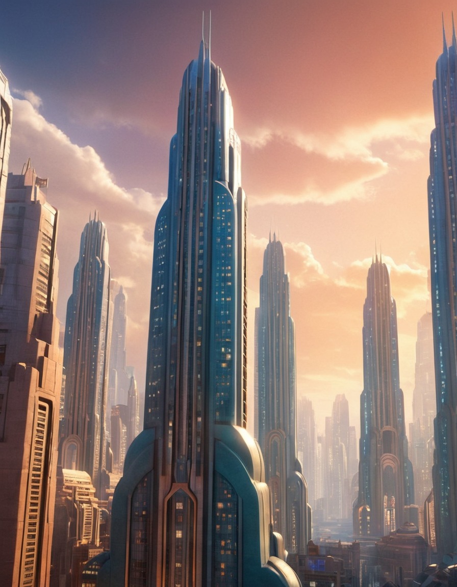 futuristic, city skyline, art deco, skyscrapers, architecture