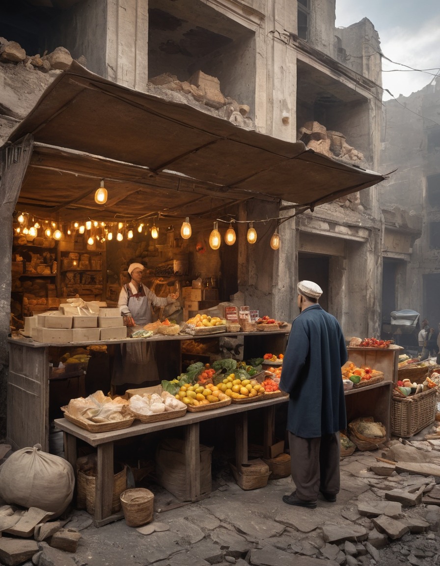 trader, goods, makeshift market, bombed-out building, business, resilience, fallout, games, tv shows