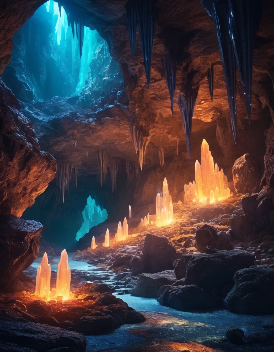 cave, glowing crystals, mystical beings, fantasy, exploration, fantastic