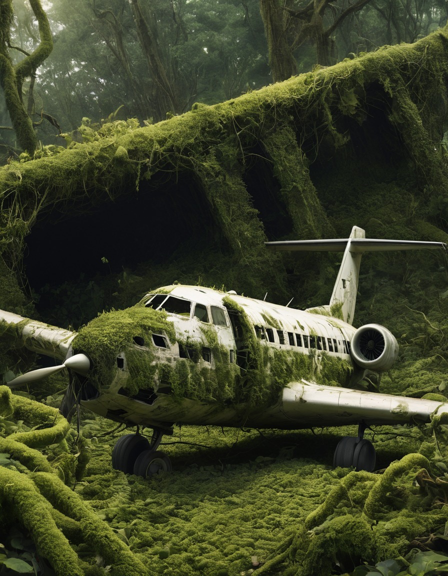 nature reclaiming, wreckage, abandoned, aircraft, overgrown, fallout, games, tv shows, amazon prime