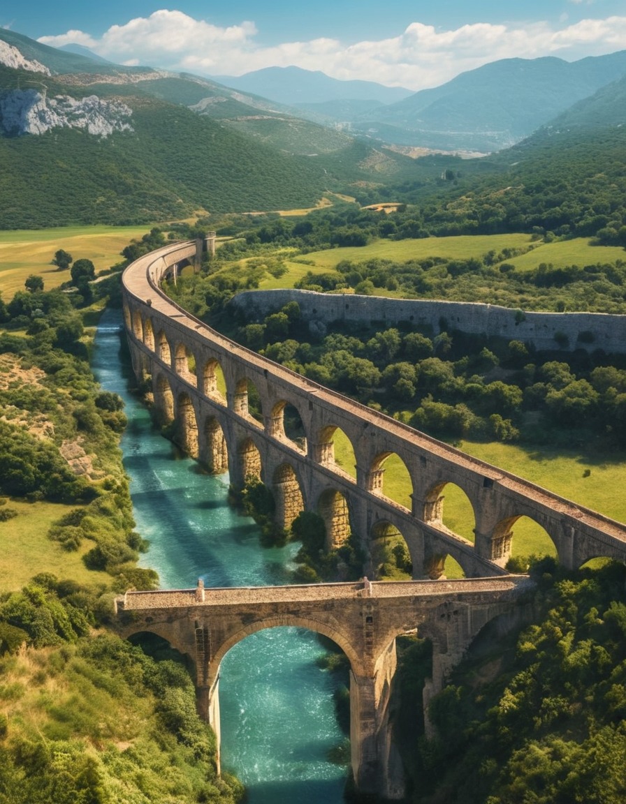 ancient, roman, aqueduct, valley, picturesque