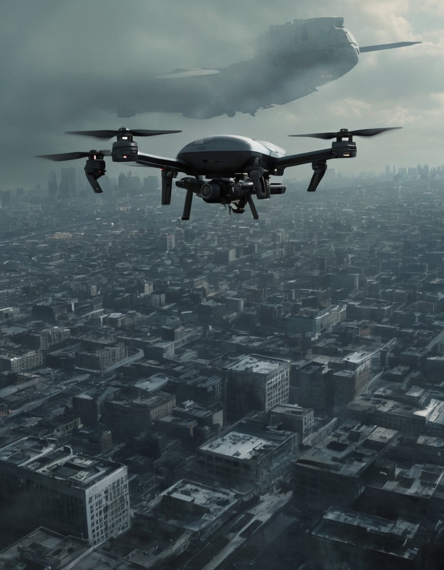 military drone, surveillance, city skyline, security, technology, urban warfare, war, usa