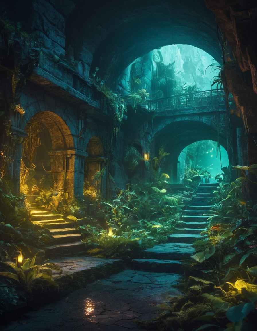 hidden city, underground, luminescent plants, mythical creatures, fantasy, fantastic