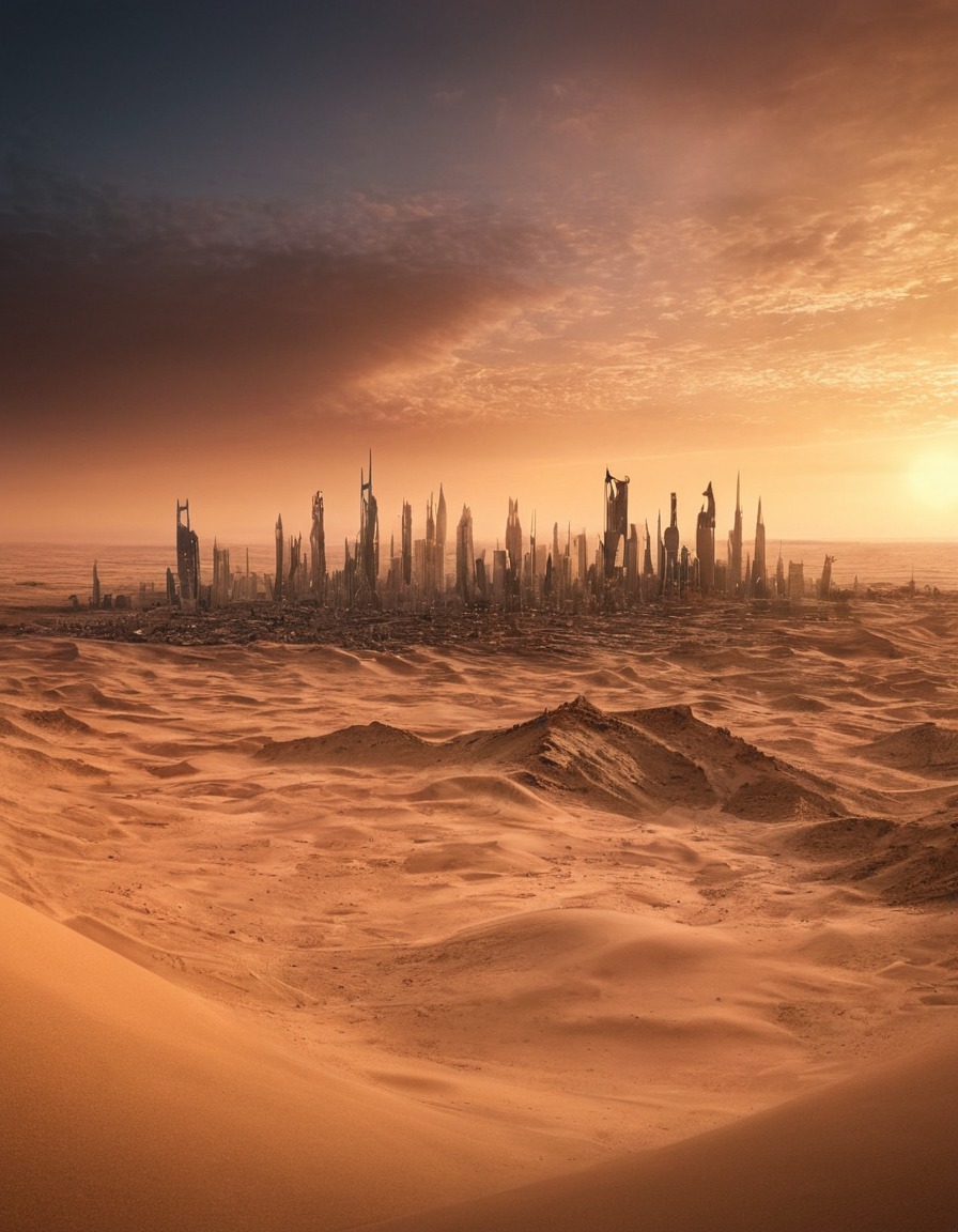 mystical, city, desert, sunset, mirage