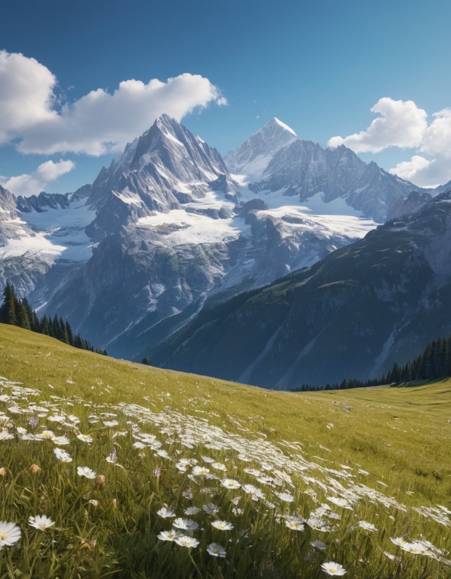 nature, mountains, alpine, snow-capped peaks, meadow, wilderness