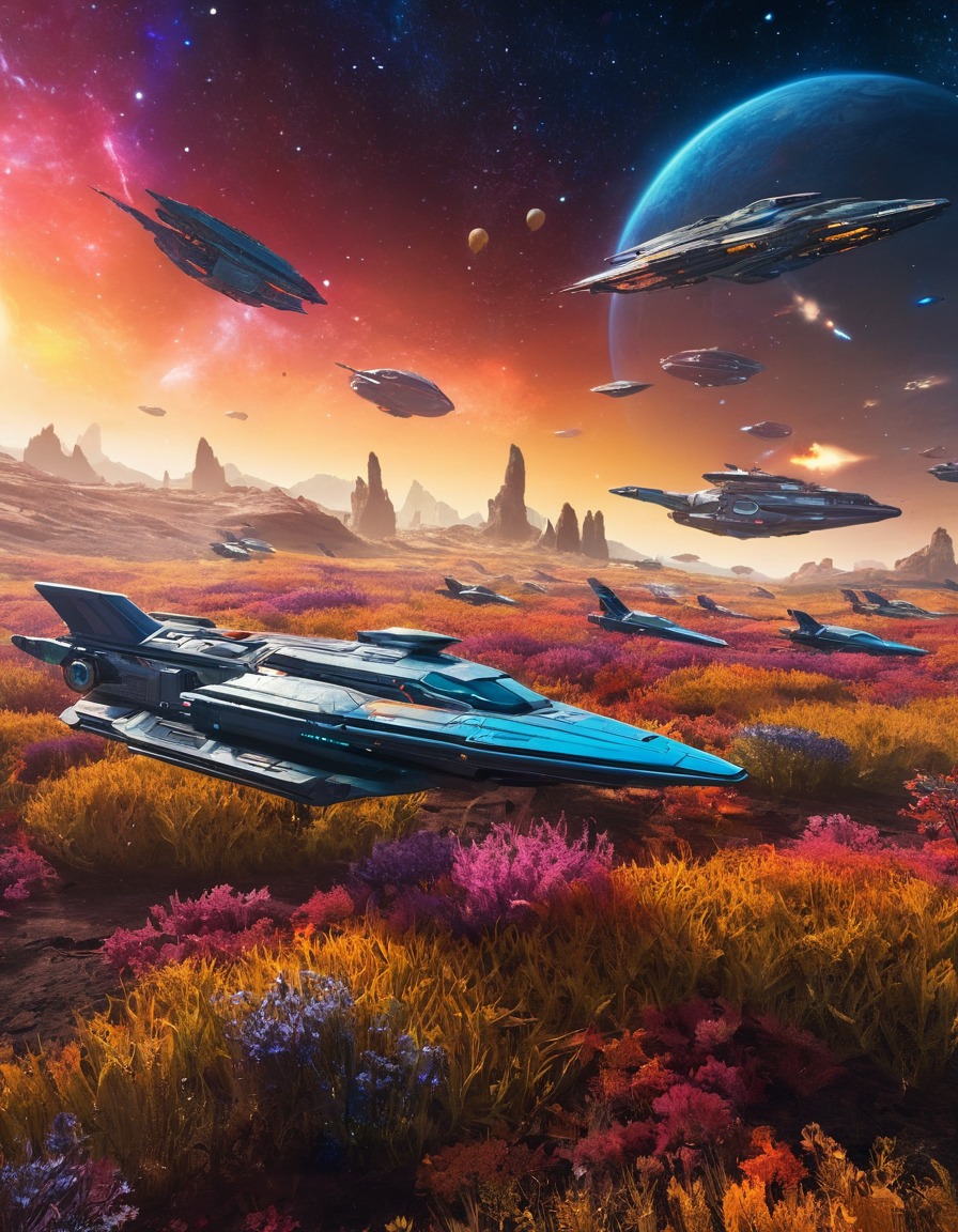 space, starships, field of space debris, colorful, traveling, galaxy, exploration