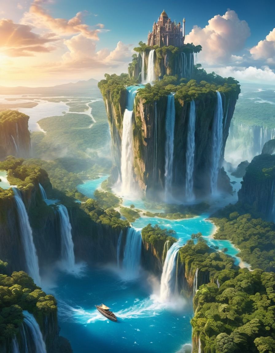 floating island, sky, waterfalls, fantasy, mystical, scenery