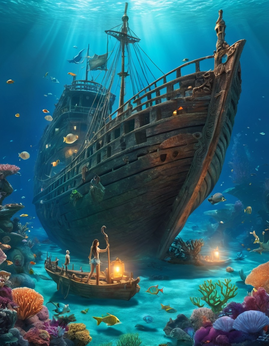 sunken shipwreck, mermaids, sea creatures, underwater fantasy, mythical beings, ocean exploration, magical environment