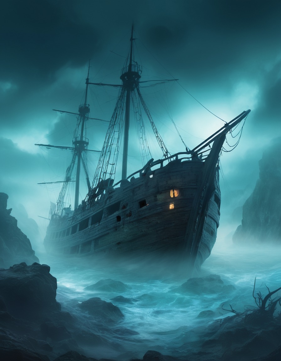 haunted, sunken shipwreck, misty, ghostly apparitions, eerie, lovecraft, howard lovecraft