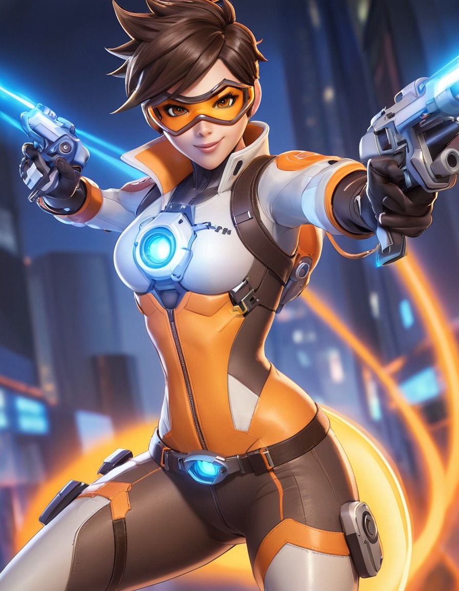 tracer, overwatch, video game, hero, futuristic, chronal accelerator, action, anime, games