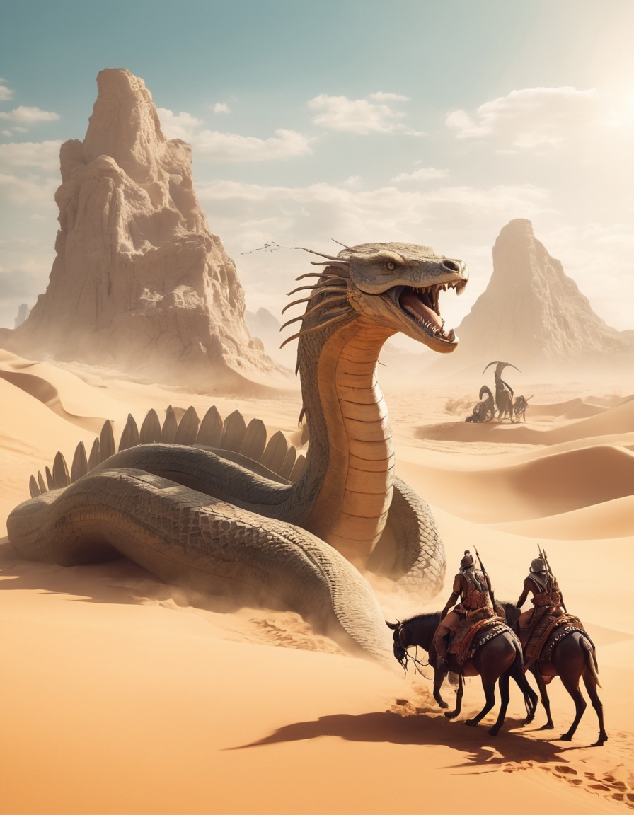 desert, oasis, sand serpents, nomadic tribes, mythical beasts, fantastic