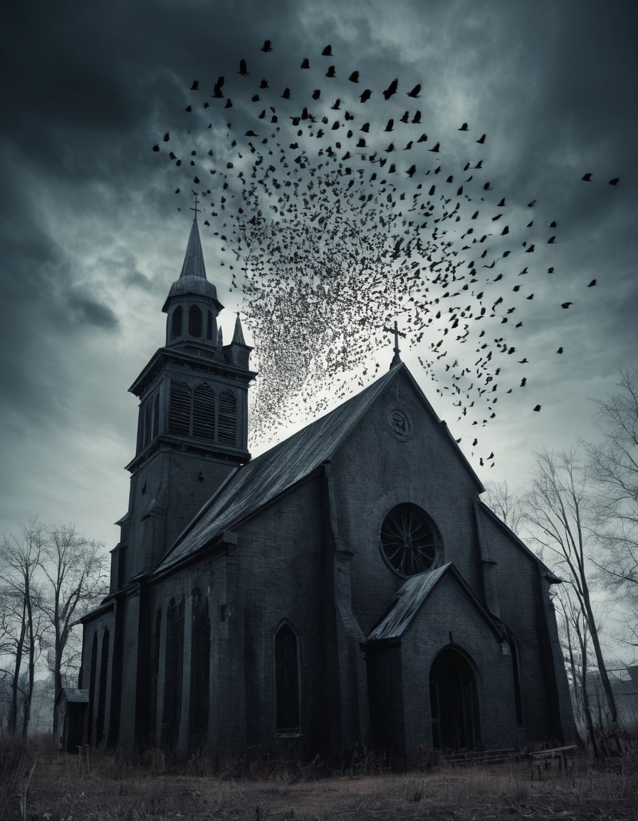 crows, flock, ominous, decay, church, gothic, underground, dark