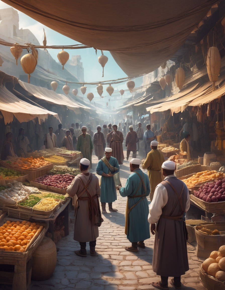 futuristic technology, market scene, peasants, merchants, traditional attire, medieval, art