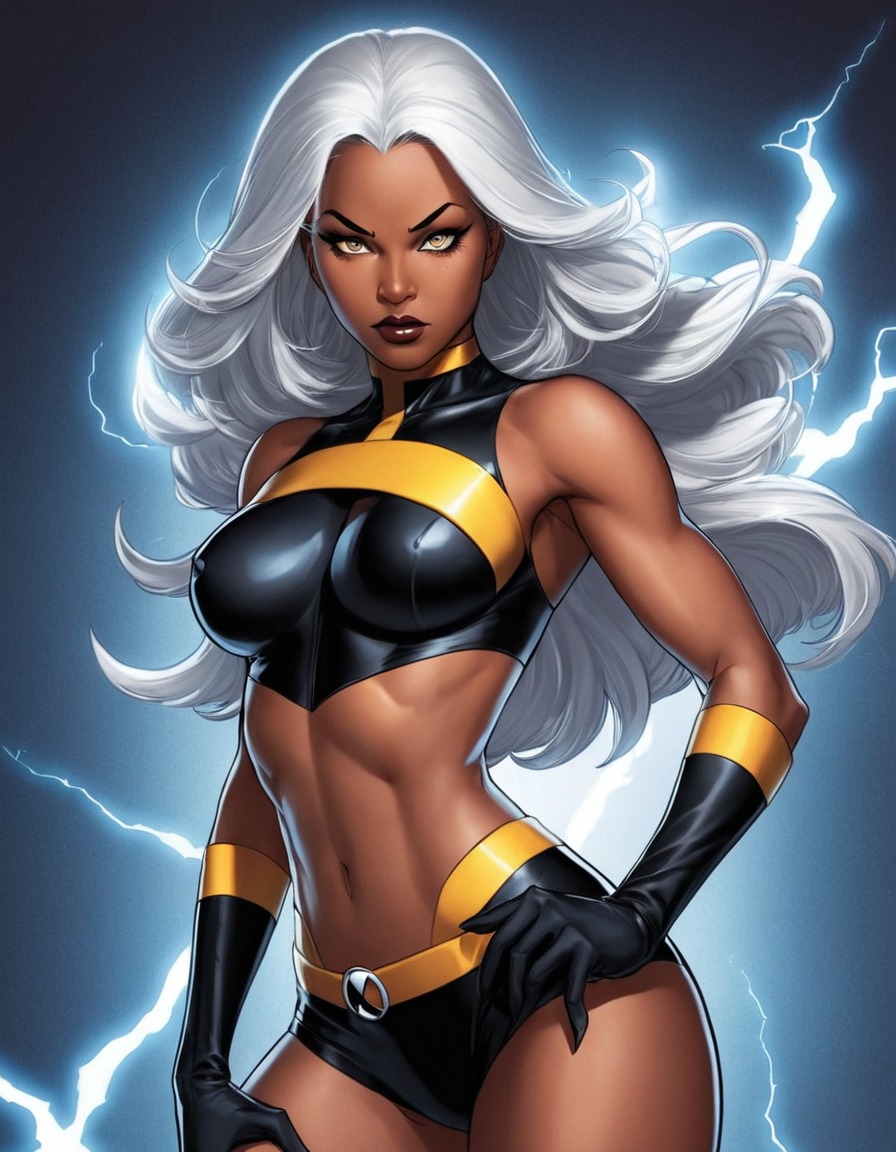 storm, x-men, superhero, mutant, powerful pose, lightning powers, sexy, painted