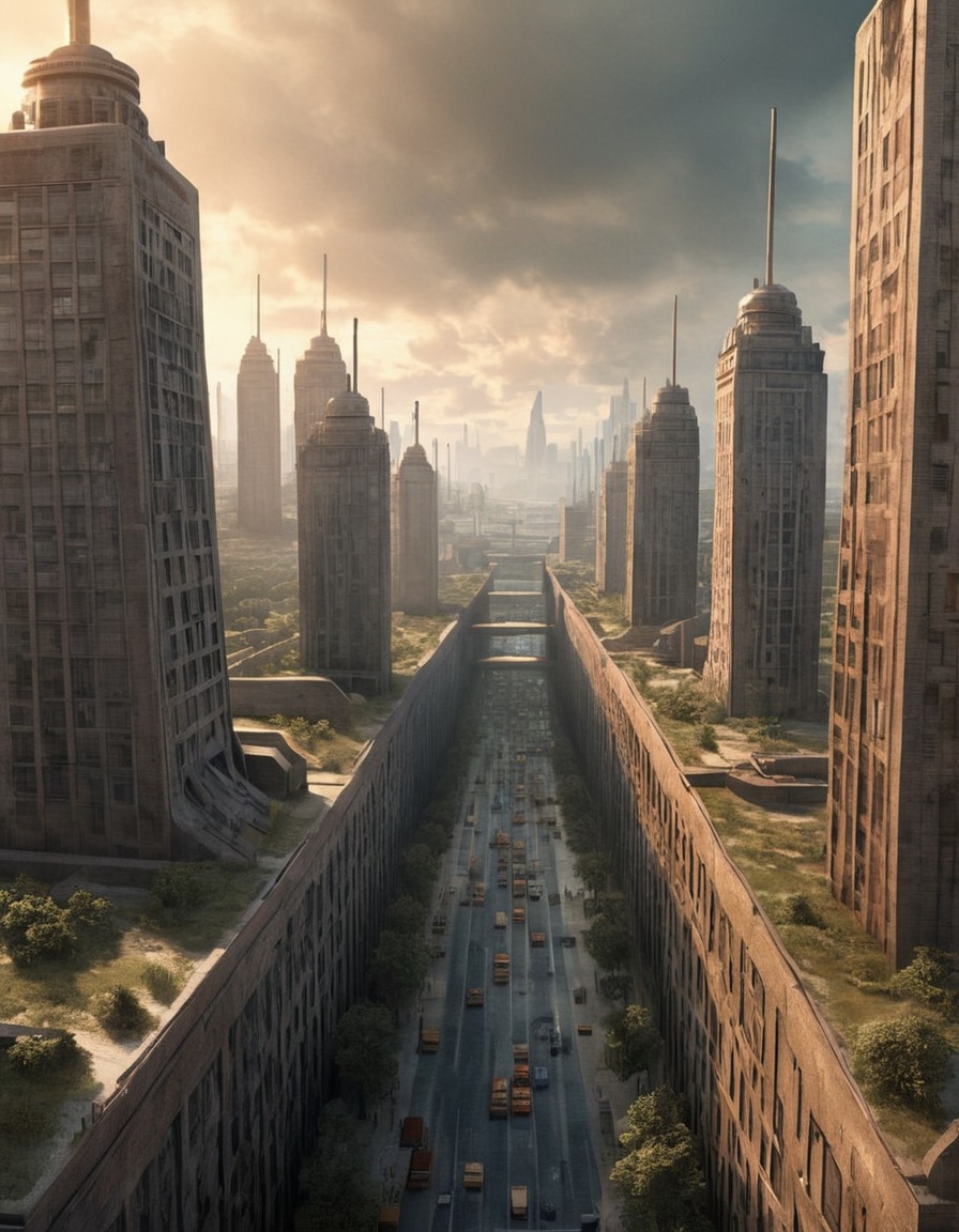 dystopian, surveillance, george orwell, oppressive, cityscape, towering buildings, books