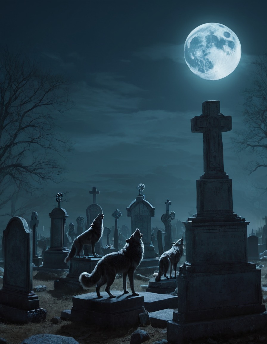 werewolves, full moon, graveyard, howling, spooky