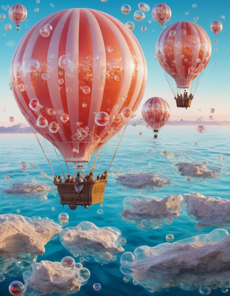 hot air balloon, bubbles, crystal ocean, surreal