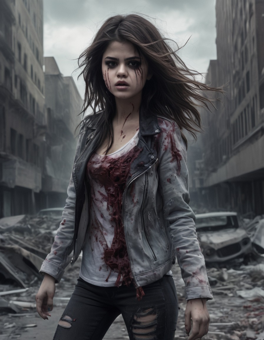 selena gomez, zombie, deserted cityscape, celebrity, horror, apocalyptic, fantasy, celebrities