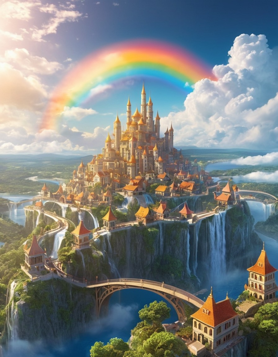 floating city, clouds, rainbow bridges, fantasy scene, skytopia