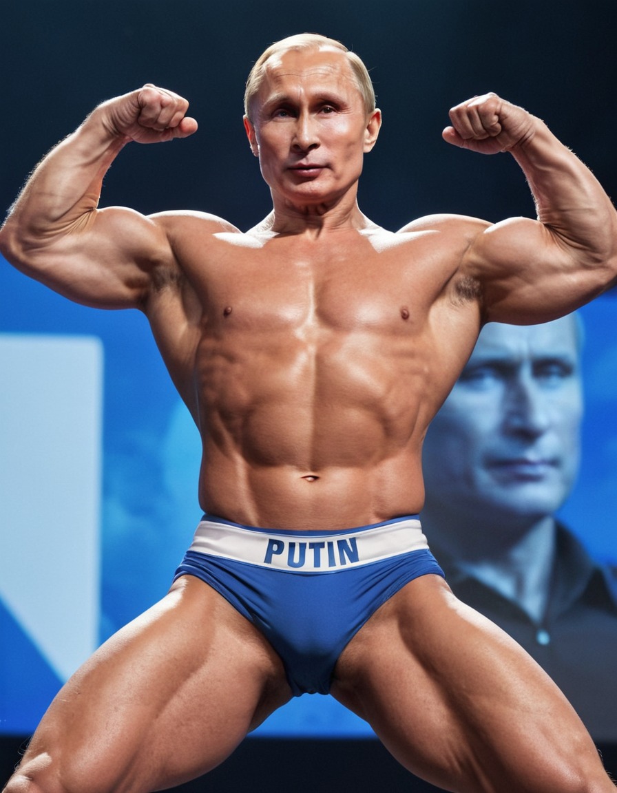 vladimir putin, bodybuilder, powerful pose, stage, muscular