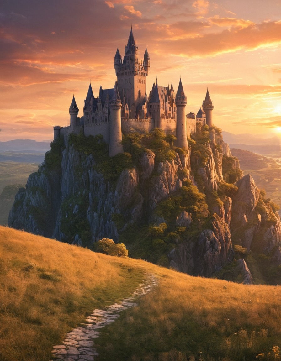 castle, ancient, hilltop, sunset