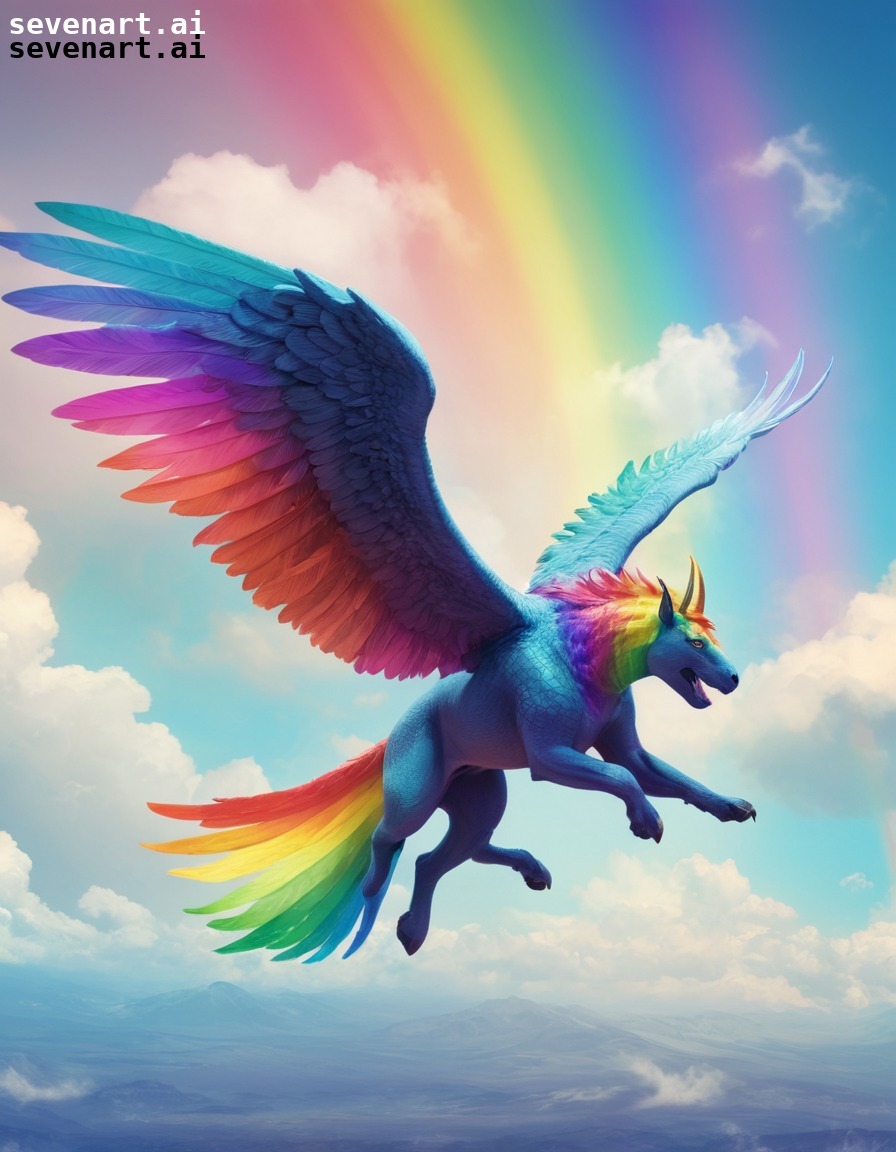 fantasy, mythical creature, rainbow, sky, flying