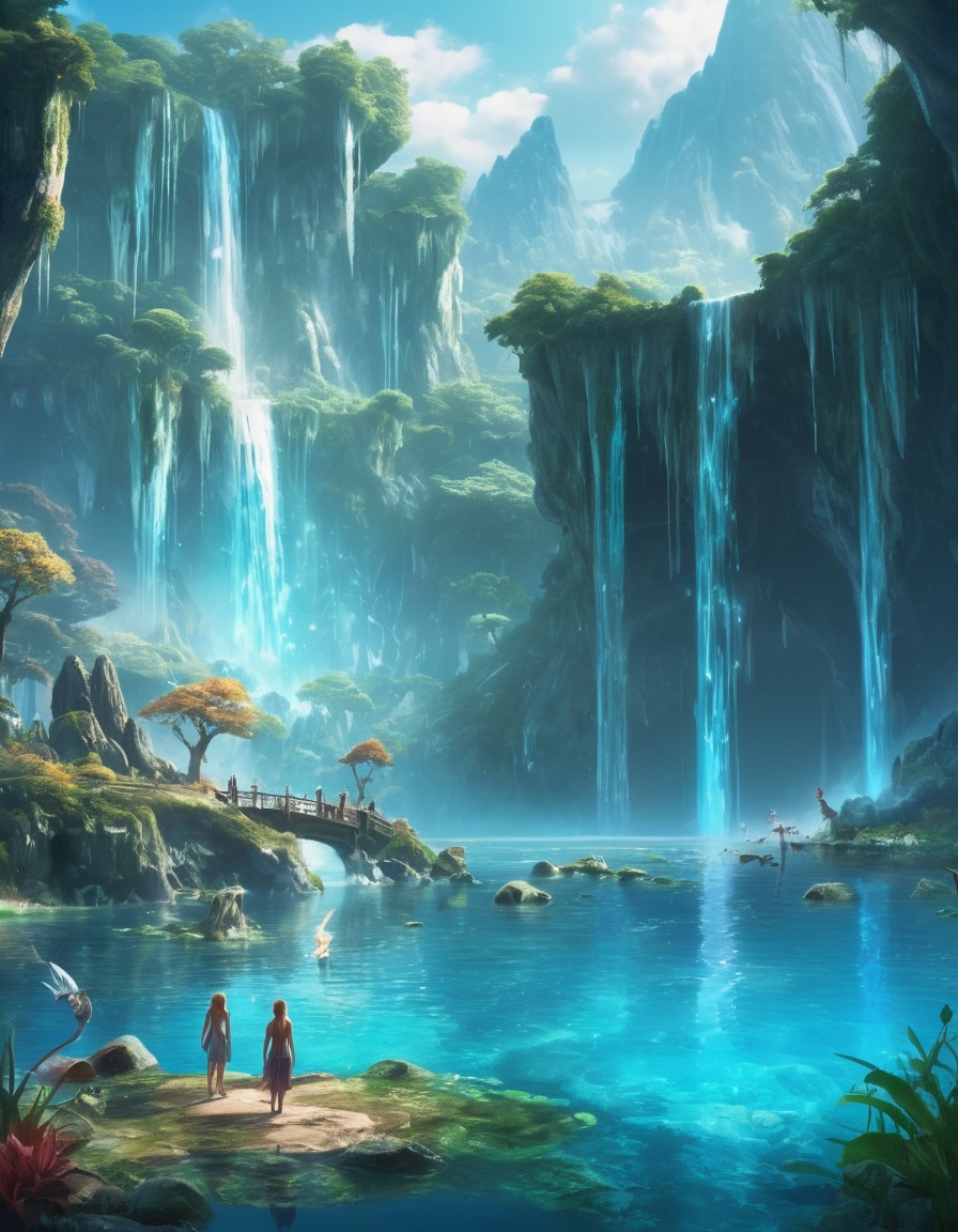 fantasy, nature, waterfalls, mythical creatures, lake, fantastic