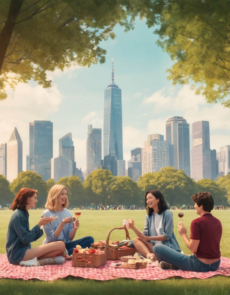 friendship, picnic, city park, skyline view, leisure, modern city, city