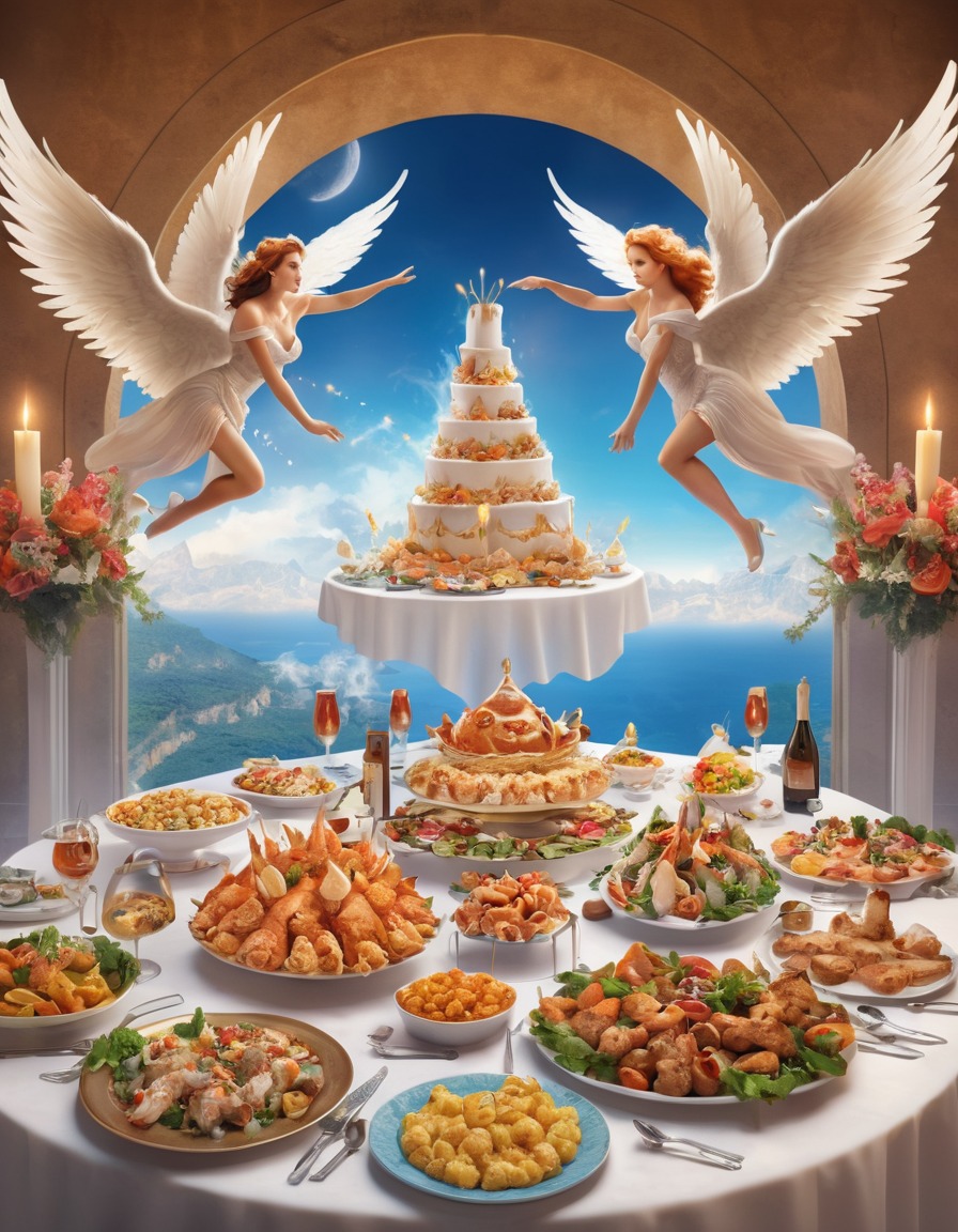 heaven, angels, banquet table, delicious food, grand, divine, celestial