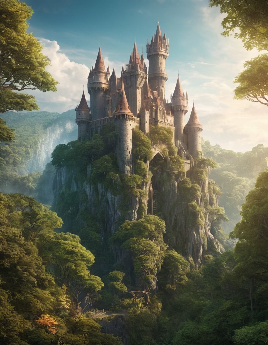 ancient castle, dense forest, enchanted, fortress, woodlands, medieval architecture, magical setting