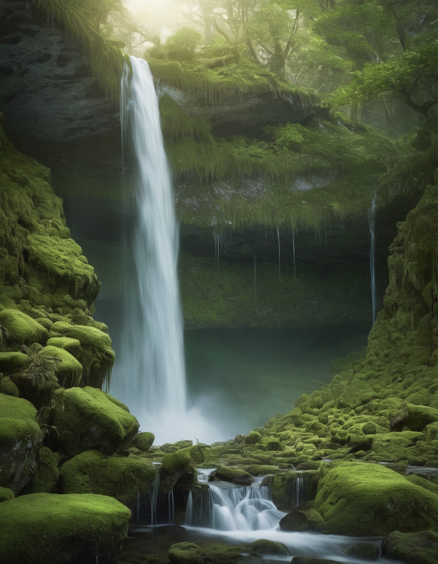 nature, waterfall, scenery, moss, tranquility