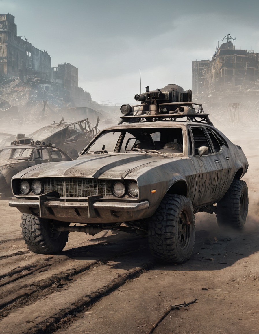 post-apocalyptic, wasteland, car chase, action, adrenaline-filled, mad max